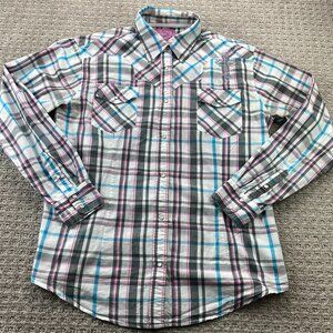 Cowgirl Hardware Flannel Shirt Women XXL Gray White Pink Plaid Button Up Western
